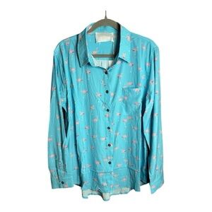 Vacate the Label Blue Flamingo Print Button Down Blouse Size Large